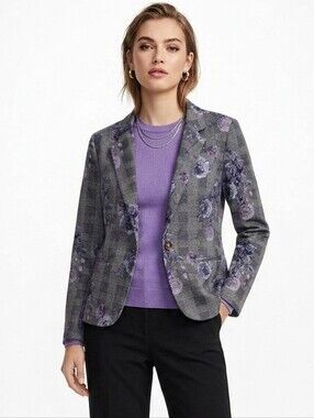Soho Apparel Gray Plaid Blazer with Purple Floral Print Small